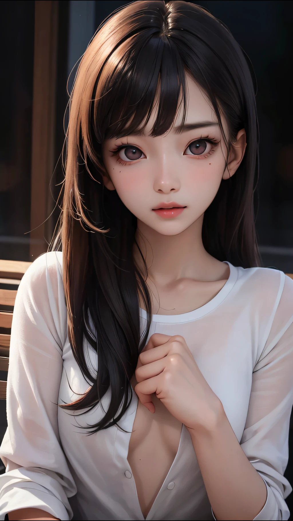 masterpiece, best quality, (dark photo:1.3), photorealistic, 1girl, flat bangs, stunning innocent symmetry face, shirt, emotional, ulzzang, (PureErosFace_V1:0.7)