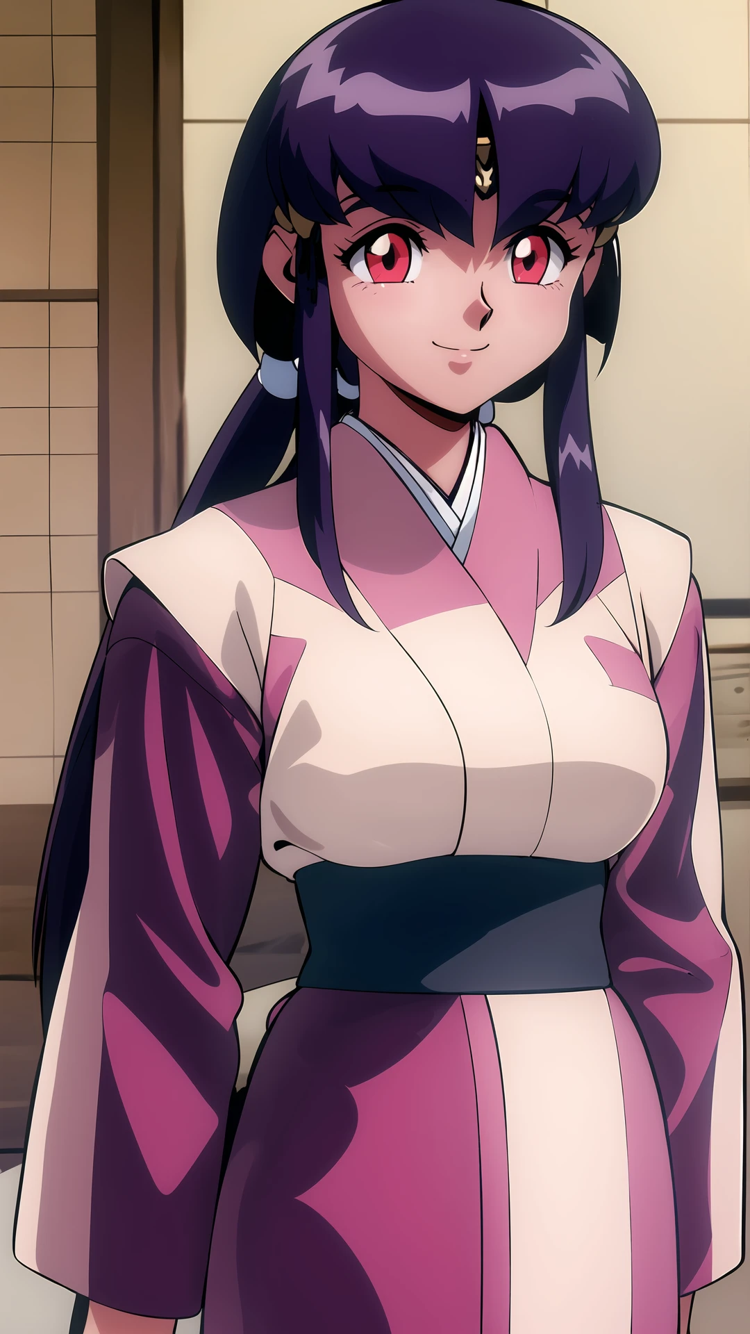 masterpiece, 1girl, ayeka, standing, obi, japanese clothes, purple hair, smile, red eyes, highly detailed, beautiful