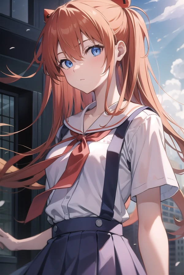 asukalangley, <lora:asukalangley:1>, asuka langley soryu, blue eyes, hair between eyes, headgear, interface headset, orange hair,
BREAK red ribbon, ribbon, school uniform, skirt, suspender skirt, suspenders, tokyo-3 middle school uniform,
BREAK outdoors, city,
BREAK looking at viewer, BREAK <lora:GoodHands-vanilla:1>, (masterpiece:1.2), best quality, high resolution, unity 8k wallpaper, (illustration:0.8), (beautiful detailed eyes:1.6), extremely detailed face, perfect lighting, extremely detailed CG, (perfect hands, perfect anatomy),