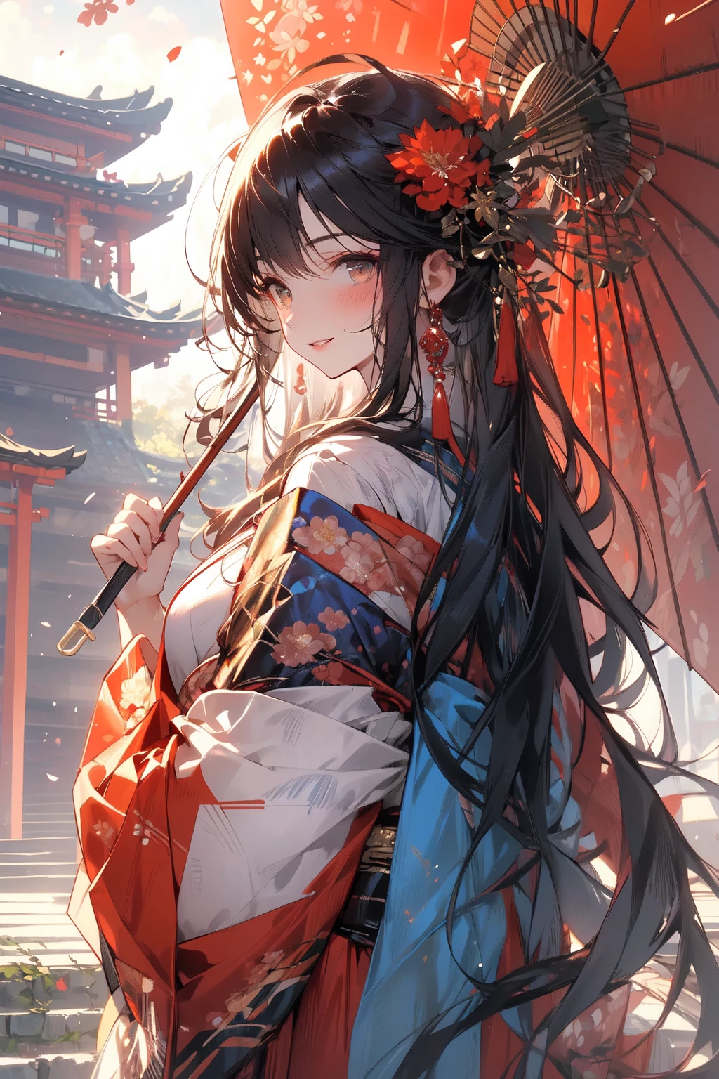 , (masterpiece:1.2), best quality,PIXIV,midjourney portrait,
long hair, hair ornament, black hair, multiple girls, east asian architecture, architecture, looking at viewer, flower, hair flower, holding, japanese clothes, outdoors, hand fan, red flower, bangs, very long hair, blush, wide sleeves, holding fan, parted lips, smile, solo focus, long sleeves, kimono, umbrella, 3girls, stairs, multiple boys, shrine
<lora:midjourney portrait_20230625143136:0.9>