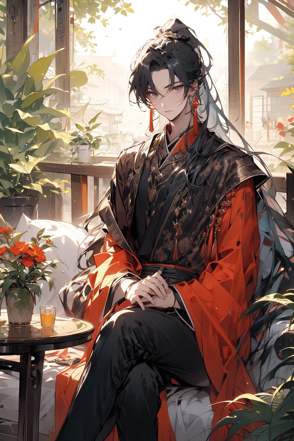 , (masterpiece:1.2), best quality,PIXIV,midjourney portrait,
long hair, hanfu, multiple boys, red flower, sitting, flower, black hair, chinese clothes, long sleeves, male focus, table, holding, window, jewelry, ponytail, looking at viewer, wide sleeves, very long hair, lattice, solo focus, indoors, earrings, hair ornament, vase, book, plant, robe, bangs, tassel, closed mouth, crossed legs
<lora:midjourney portrait_20230625143136:0.9>