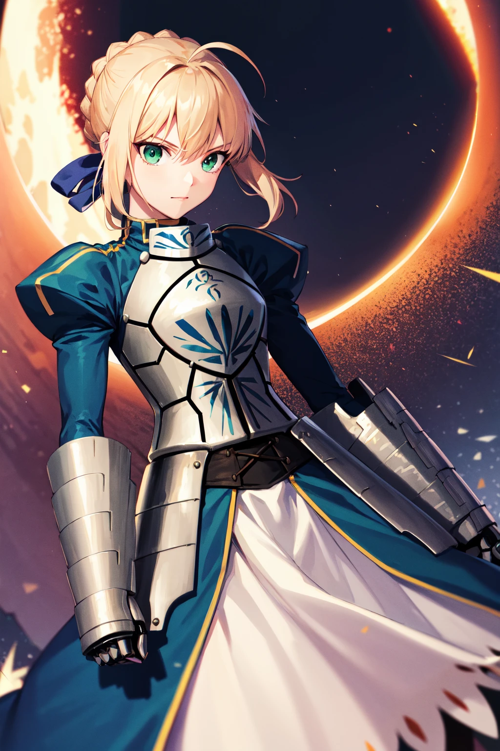 masterpiece, best quality, highres, aasaber, green eyes, ahoge, gauntlets, <lora:artoria_pendragon_v1:0.9>, standing, cowboy shot,