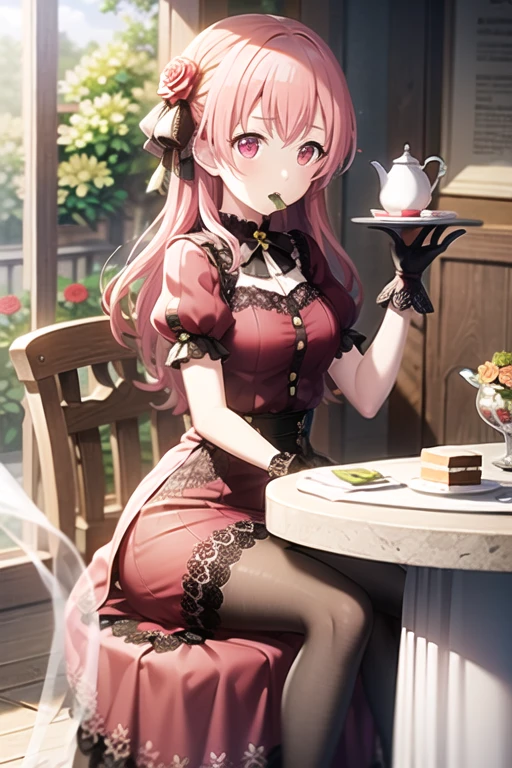 <lora:MomoiAiri-09:0.7> ,momoai, 1girl, solo, long hair, looking at viewer, blush, red eyes, gloves, dress, bow, ribbon, holding, hair between eyes, sitting, pink hair, flower, short sleeves, hair bow, heart, pantyhose, frills, food, striped, puffy sleeves, indoors, white gloves, pink eyes, cup, puffy short sleeves, wrist cuffs, black pantyhose, window, black bow, neck ribbon, fruit, feet out of frame, rose, wavy hair, chair, eating, floral print, red dress, table, sunlight, frilled dress, white bow, plant, red flower, lace, light particles, pink flower, lens flare, plate, teacup, cake, gold trim, light rays, red rose, yellow flower, strawberry, spoon, fork, dot nose, potted plant, lamp, cross-laced clothes, teapot, layered dress, pink theme, pink rose, cookie, saucer, holding spoon, holding fork, striped ribbon, cake slice, macaron, parfait, cupcake, sweets, flower pot, dessert, ceiling light, whipped cream, wooden table, tablecloth, tiered tray, utensil in mouth, doily