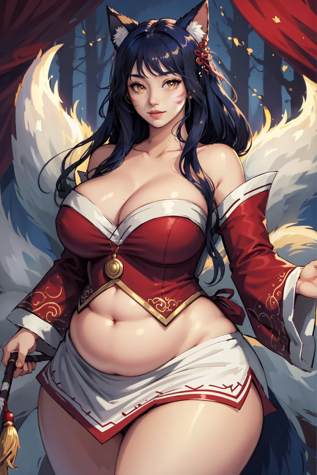 (masterpiece, best quality),  intricate details,
1girl,     <lora:ahrib:0.8> Ahri , fox ears, fox tail, multiple tails, korean dress, detached sleeves, whisker markings, 
 <lora:chubby girl:0.8> chubby girl, chubby, curvy, plump, big belly,