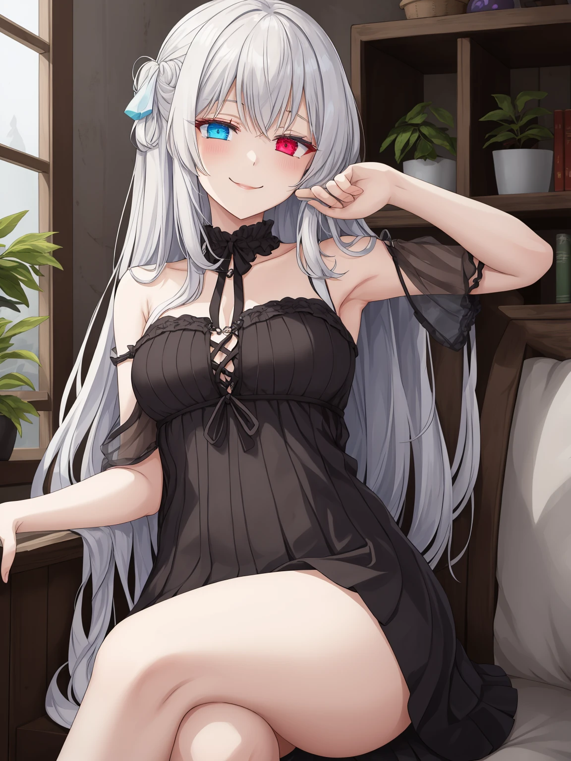 1girl, sitting, leaned back, indoors, (heterochromia:1.1), medium breasts, 
eexpr <lora:eExpressions2-000008:0.8>, smile, half-closed eyes, 
BREAK<lora:co epiNoiseoffset_v3:1.5>