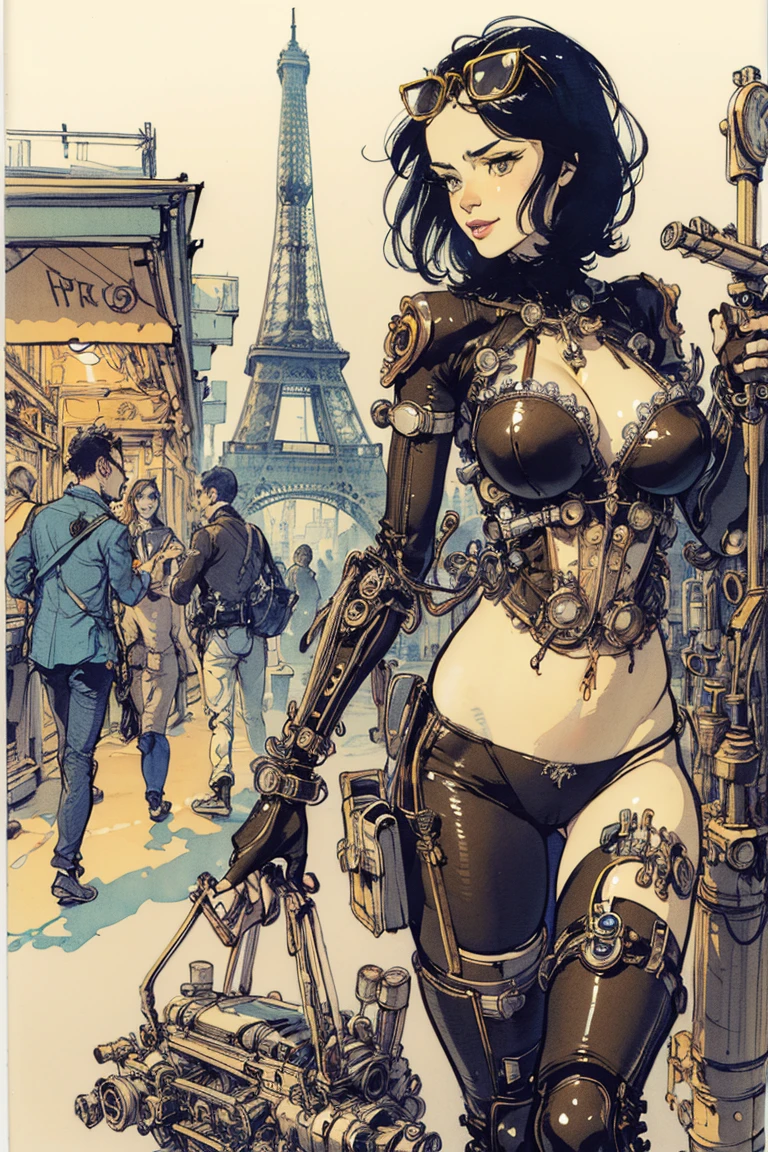 woman, mechanical parts, paris, steampunk, by kim jung gi