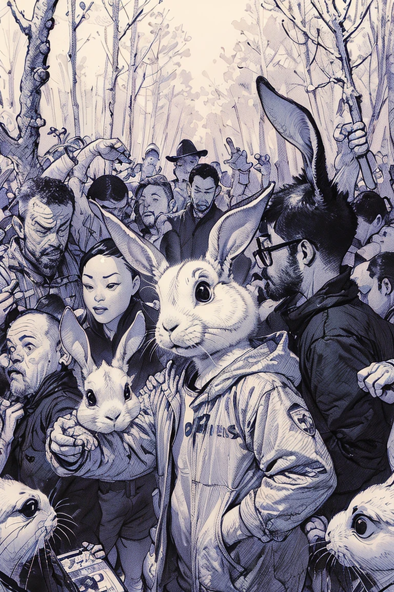 rabbit in a crowd, forest, by kim jung gi