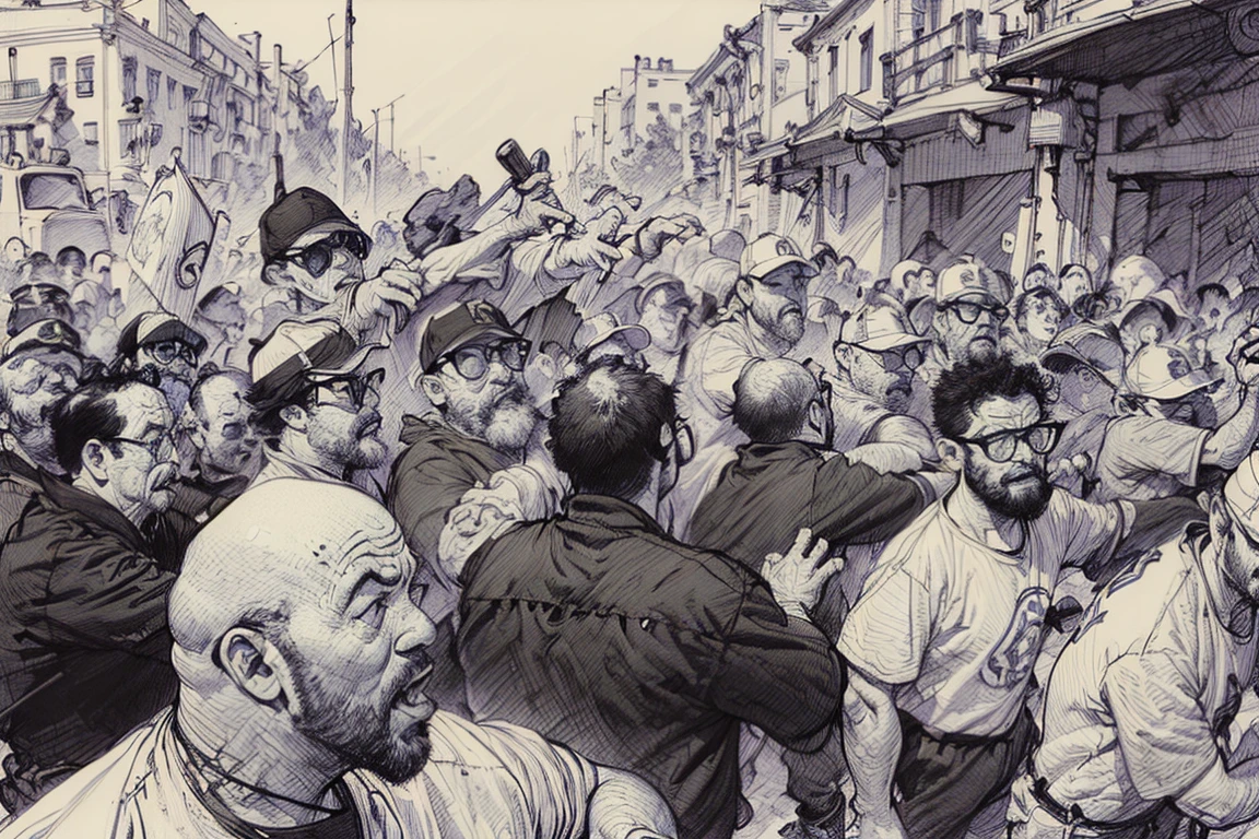 battle crowd, monochrome, drawing, by kim jung gi