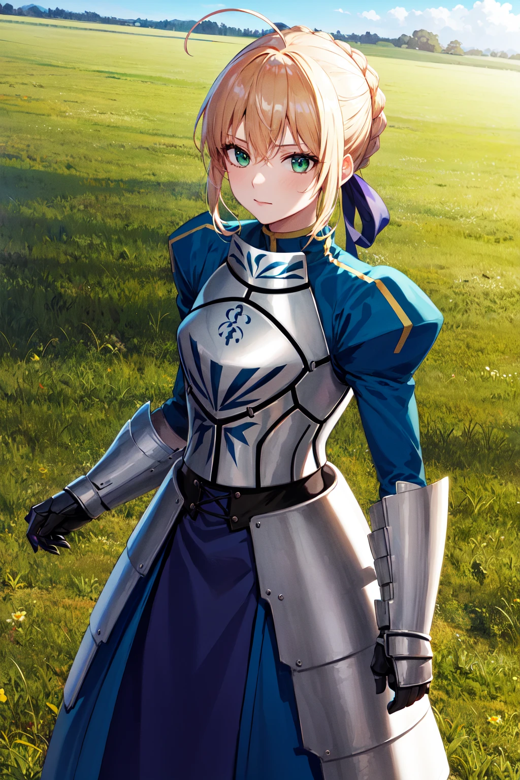 masterpiece, best quality, highres, aasaber, green eyes, ahoge, gauntlets, <lora:artoria_pendragon_v1:0.9>, standing, cowboy shot, outdoors, field, grass