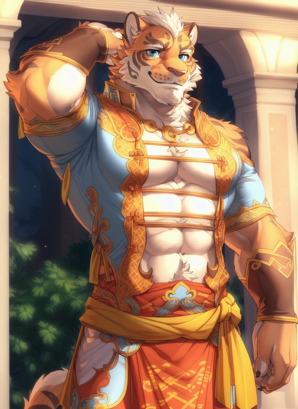 <lora:lin-huV2-06:0.9>, lin-hu, clothed, solo, (soft shading), 4k, hi res, (detailed face, detailed eyes, detailed), ((full body)), by zackarry911, by zaush, (by personalami:0.5), mature male, muscular, muscular male, clothing cutout, chinese clothes, pelvic curtain, pectoral cleavage, blue eyes, smile, (pose)