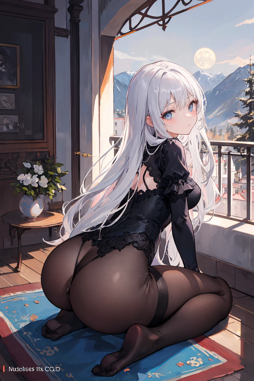(best quality:1.3),(masterpiece:1.1),(illustration:1.2),(ultra-detailed:1.2),beautiful detailed eyes,(Gothic:1.2),
(Extremely detailed background:1.1),(forest:1.2),(mountain), night, moon,castle on the distant mountain,
(bent over:1.3),(butt:1.2),looking back, (raise butt:1.2),(close to the butt:1.3),
(1girl in Balcony:1.4),Balustrades on balcony,(wariza:1.2),(sitting:1.3)
(1girl:1.3),(solo:1.3),(white hair),(long hair:1.1),full body,black stocking,
tulle,dress,Bodysuit,back cutout,clothing cutout,