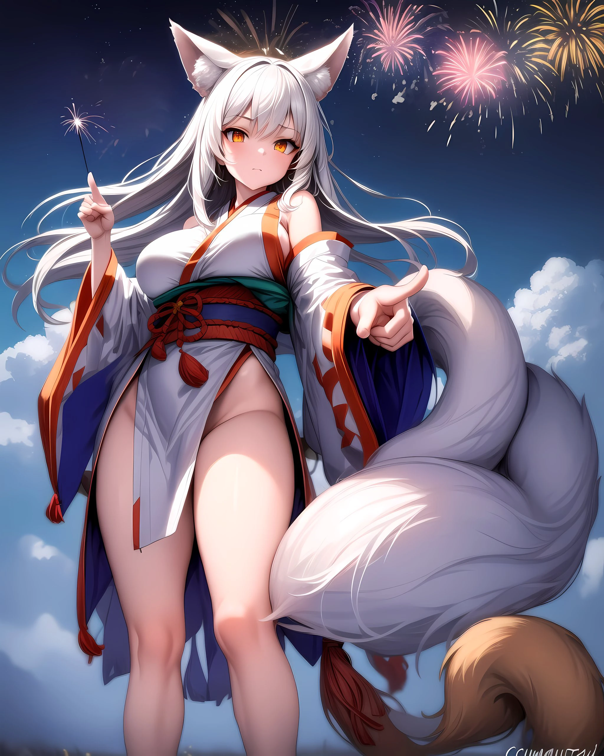 1girl, white hair, fox ears, large breast, fox tail:1.2, japanese clots, golden eyes, pointing at viewer:1.4, fireworks, cloudy sky, cumulonimbus, starry night