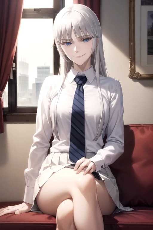 (extremely detailed CG unity 8k wallpaper), (masterpiece), (best quality), (ultra-detailed), (best illustration), (best shadow), (absurdres), 1girl, solo, <lora:koko:0.8>, koko hekmatyar, pale skin, formal, white skirt, necktie, (closed mouth, smile:1.2), sitting, crossed legs, hands in lap, couch, window, cityscape, looking at viewer