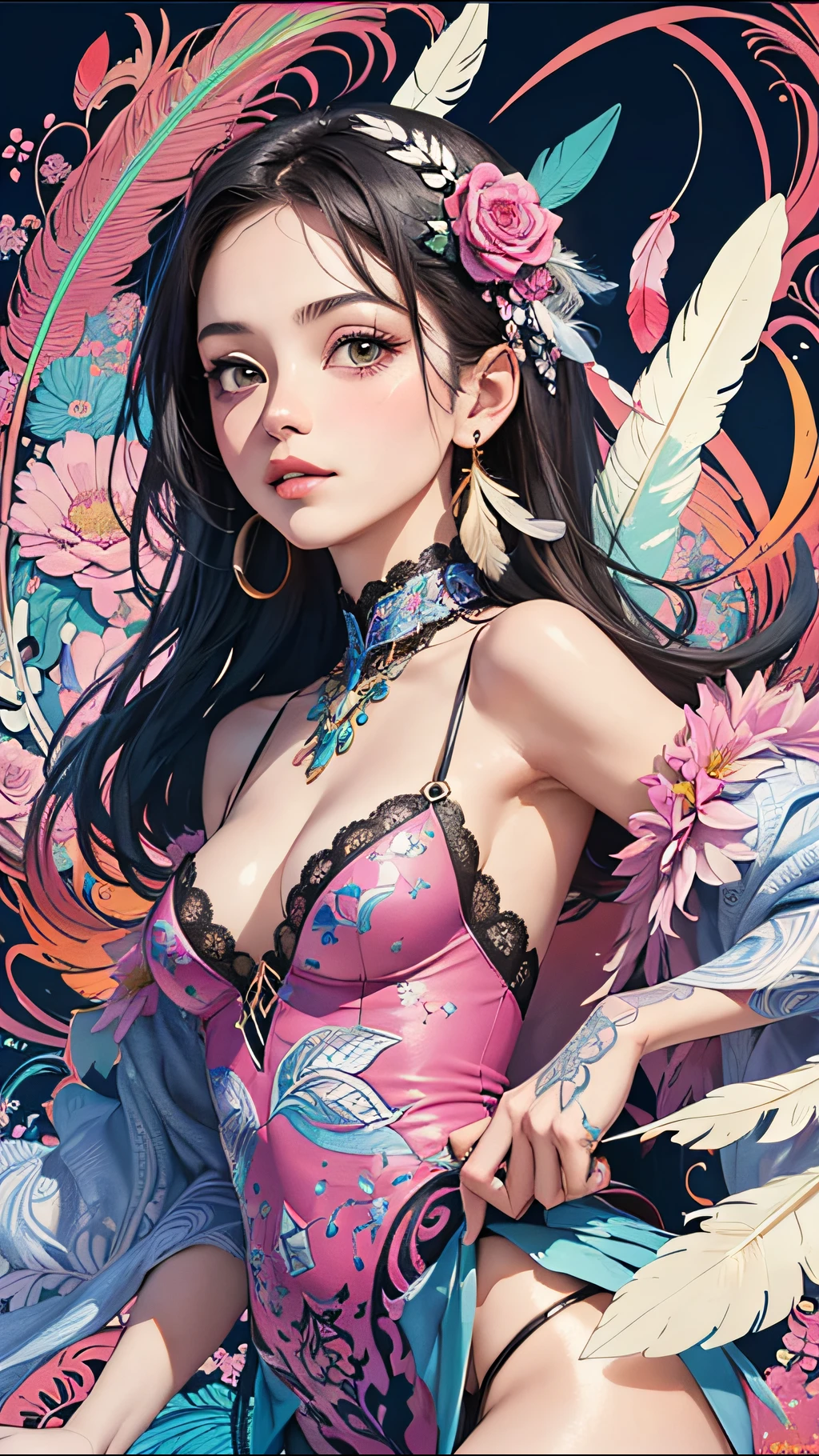 (masterpiece, top quality, best quality, official art, beautiful and aesthetic:1.2), (1girl:1.3), extremely detailed,(fractal art:1.1),(colorful:1.1)(flowers:1.3),highest detailed,(zentangle:1.2), (dynamic pose), (abstract background:1.3), (many colors:1.4), ,(earrings), (feathers:1.5)