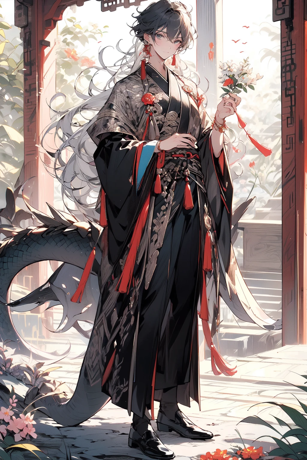 , (masterpiece:1.2), best quality,PIXIV,midjourney portrait,
long hair, hanfu, 1boy, flower, male focus, chinese clothes, holding, jewelry, full body, earrings, white flower, long sleeves, standing, tassel, wide sleeves, dragon, solo, black hair, parted bangs, very long hair, grey hair, multicolored hair, holding flower, looking at viewer, tassel earrings, closed mouth, bangs, white hair
<lora:midjourney portrait_20230625143136-000018:0.9>
