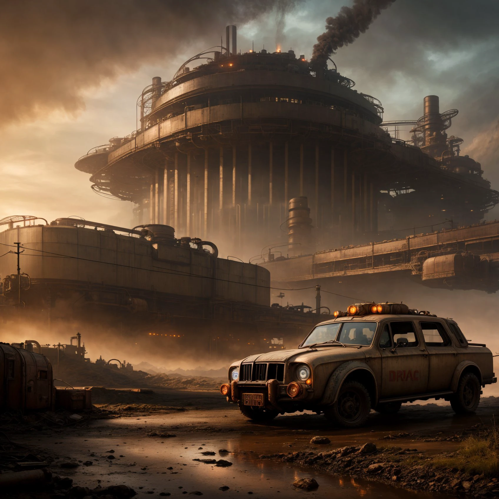 RAW photo, (epic landscape), masterpiece, ((dieselpunk)), futuristic factory, postapocalyptic, smoke, best quality, dynamic pos, ultra detailed, reflective puddles, metal plates, rust, full body, fluid movement, light trail, dramatic lighting, red tone, short_hair, Photorealistic, Hyperrealistic, Hyperdetailed, analog style, detailed skin, matte skin, soft lighting, subsurface scattering, realistic, heavy shadow, masterpiece, best quality, ultra realistic, 8k, High Detail, film photography, soft focus,