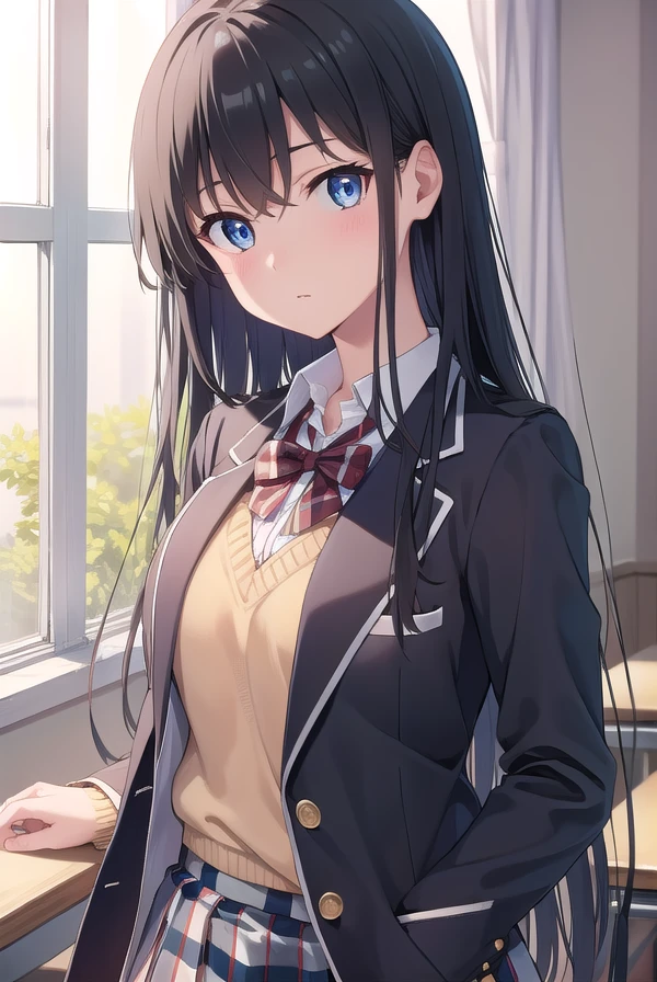 yukinoyukinoshita, <lora:yukinoyukinoshitatest:1>, yukino yukinoshita, black hair, blue eyes, long hair,
BREAK blazer, cardigan, jacket, plaid, plaid skirt, school uniform, skirt, sobu high school uniform,,
BREAK indoors, classroom,
BREAK looking at viewer, BREAK <lora:GoodHands-vanilla:1>, (masterpiece:1.2), best quality, high resolution, unity 8k wallpaper, (illustration:0.8), (beautiful detailed eyes:1.6), extremely detailed face, perfect lighting, extremely detailed CG, (perfect hands, perfect anatomy),