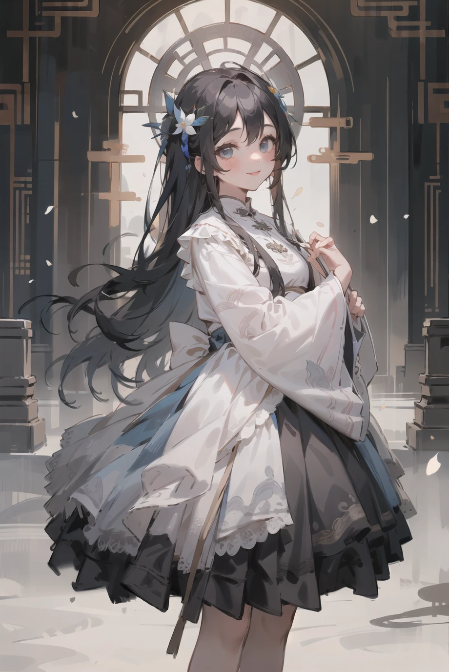 masterpiece, best quality, 1girl, solo, cute, smile, looking at viewer, long black hair, cowboy shot, cns_dress, pettiskirt, standing, (ancient chinese building:1.1), beautiful sky, netural lighting, <lora:cns_dress_style3_v2:0.7>