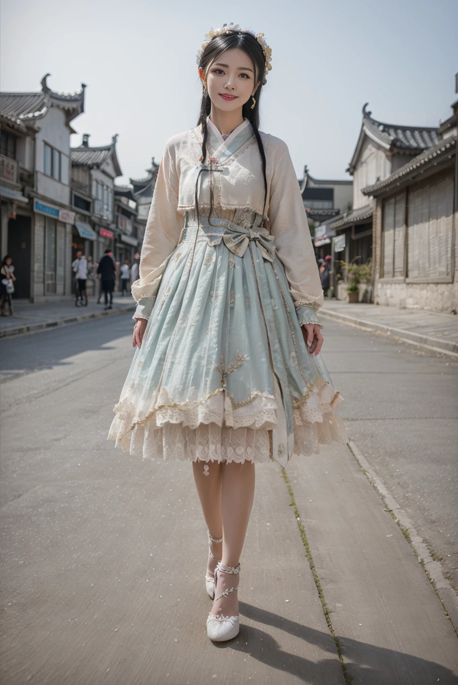 realistic, photorealistic, masterpiece, best quality, 1girl, solo, smile, looking at viewer, long black hair, cns_dress, standing, arms behind back, full body, (china jiangnan water town style:1.1), river, beautiful sky, netural lighting, <lora:cns_dress_style2_v2:0.7>,  (pureerosface_v1:0.7)