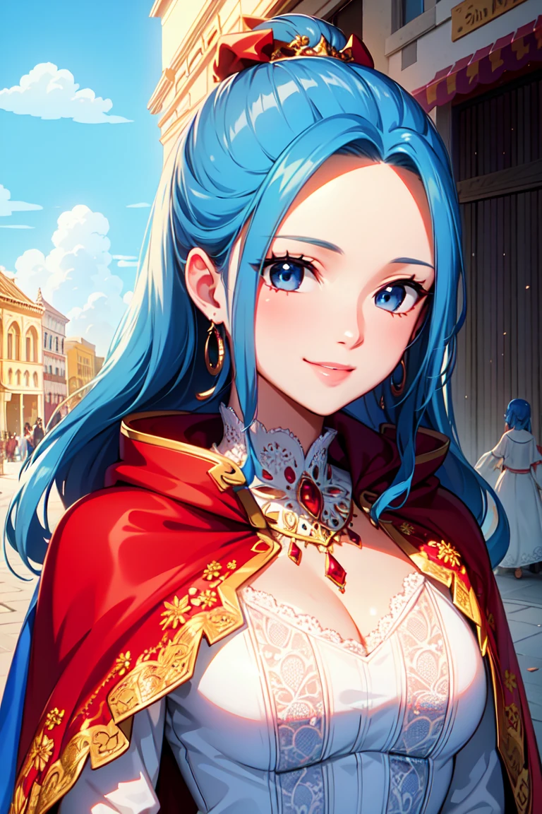 masterpiece, ((ultra detailed background, delicate pattern, intricate detail)), (highly detailed, fine details), best quality, beautiful lighting, (portrait), NefertariViviV3, 1girl, long hair, blue hair, solo, jewelry, earrings, ((red cape, white dress, simple dress)), ponytail, hair ornament, necklace, sky, blue eyes, complex detailed background, outside, sunny, desert town environment, buildings, town, market, hair lift, hands behind back, smile,  <lora:NefertariViviV3Nine:0.5>