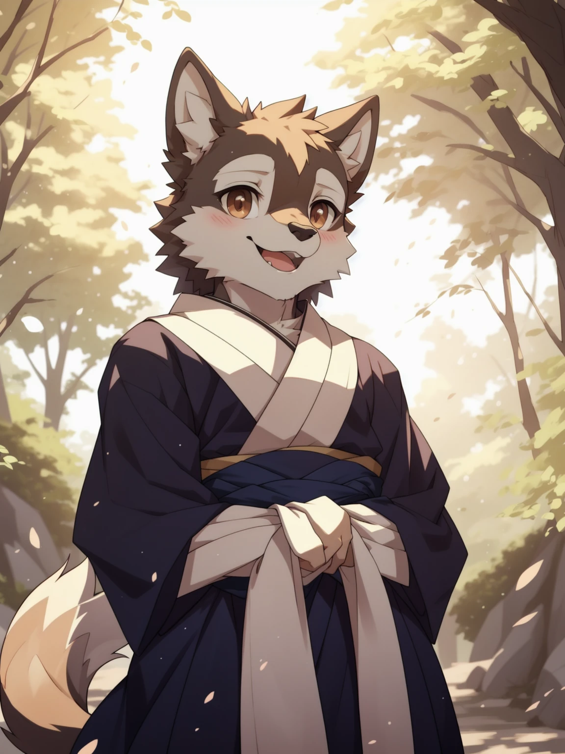 depth of field, perfect lighting, light particles,(best quality),(masterpiece),(ultra detailed),sharp focus,light particles, niji, eyesgod, blush, brown_eyes, looking_at_viewer, smile, solo, furry, animal_ear_fluff, open_clothes, arms behind back, upper body, tail, kimono, japanese clothes, sunlight, tree, open mouth, from below, arms behind back