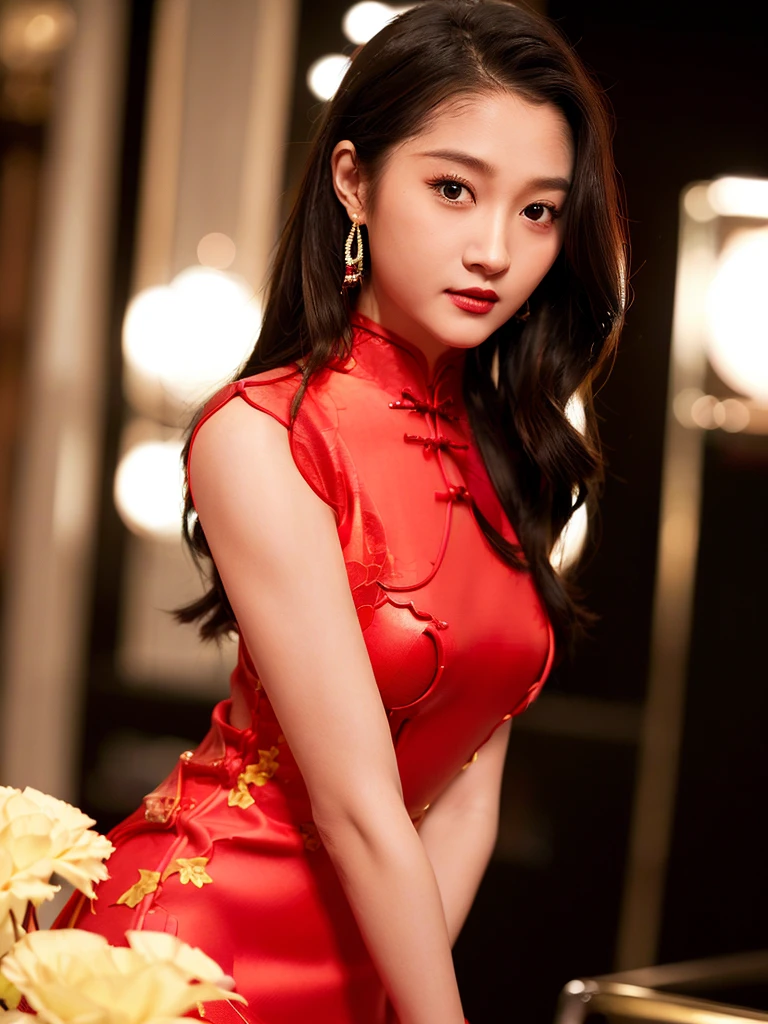 GXT@SEAN, profile, (wearing cheongsam:1.5), (RAW photo, best quality), (realistic, photo-realistic:1.4), masterpiece, an extremely delicate and beautiful, extremely detailed, 2k wallpaper, Amazing, finely detail, extremely detailed CG unity 8k wallpaper, ultra-detailed, highres, soft light, beautiful detailed girl, extremely detailed eyes and face, beautiful detailed nose, beautiful detailed eyes,cinematic lighting,city lights at night,perfect anatomy,slender body,smiling,<lora:guanxiaotong_v1:0.75>
