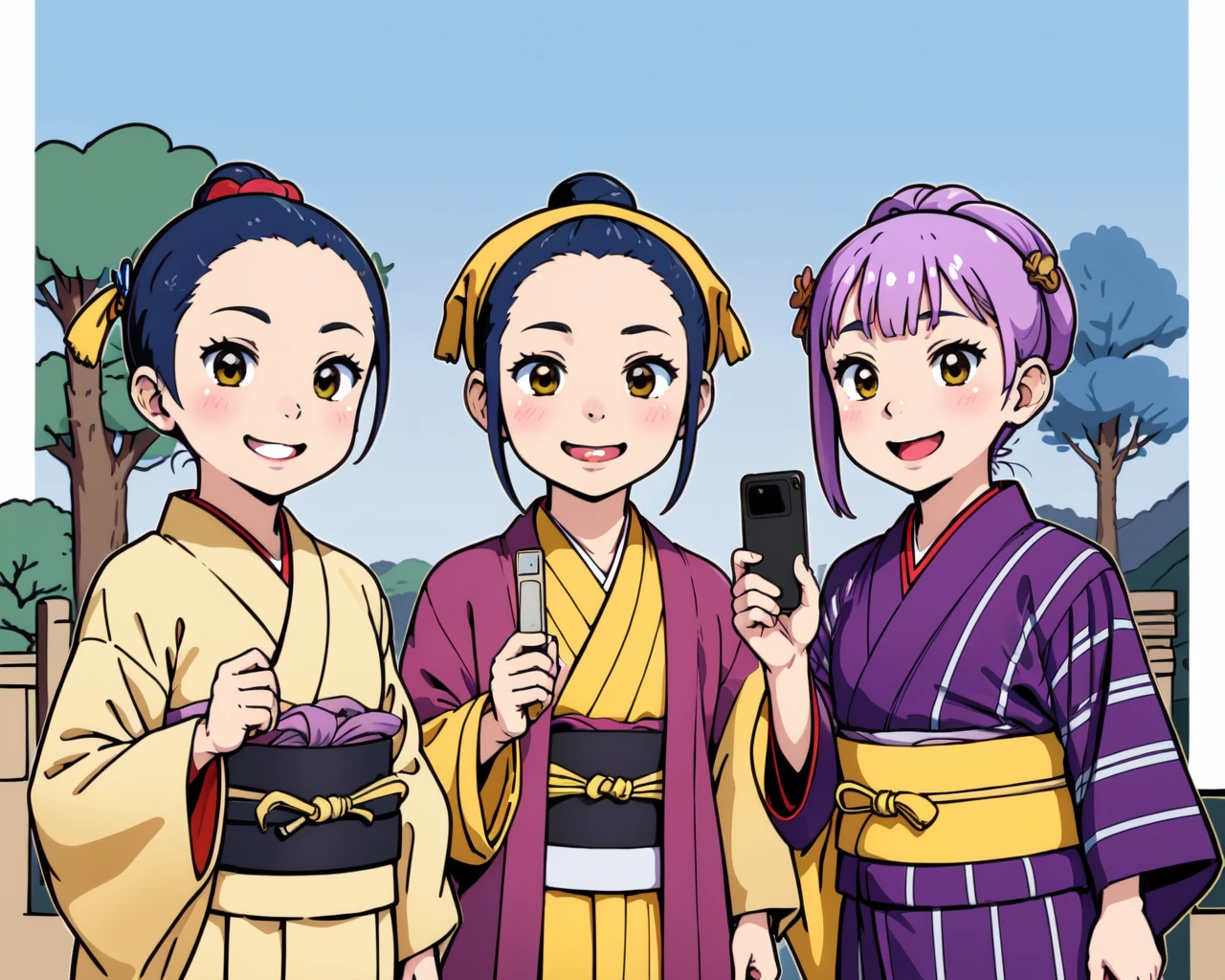 <lora:Mito_Domain_v1:0.5>, traditional japanese clothing standing, (yellow head wraps:1.2), 3girls, kimono, haori, happi, obi, samurai, sheathed, smile, (holding a chrysanthemum crest cell phone:1.1),(flat_coloring:1.2), (white outline vector graphics:1), blue sky, tree, (selfie:0.8),