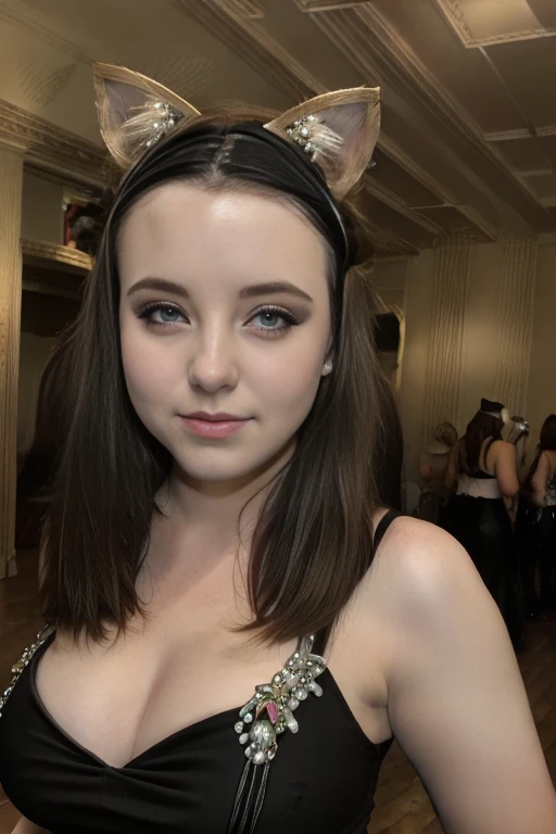 Masterpiece, close up headshot, best quality, a foggy ((crowded dance floor)), inside a ballroom, at a ((formal dance)), ((stripper pole)), BREAK
((black)) prom dress with silver gemstones, jewelry, bright colors, BREAK
((huge breasts)), makeup, medium straight hair, pale skin, fair skin, white skin, BREAK
(((cat ears, cat ear headband))) BREAK
<lora:ERS:1>