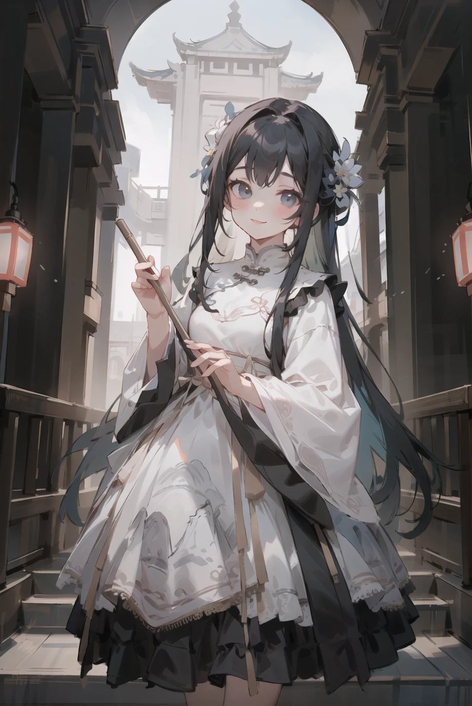 masterpiece, best quality, 1girl, solo, cute, smile, looking at viewer, long black hair, cowboy shot, cns_dress, pettiskirt, standing, (ancient chinese building:1.1), beautiful sky, netural lighting, <lora:cns_dress_style3_v2:0.7>