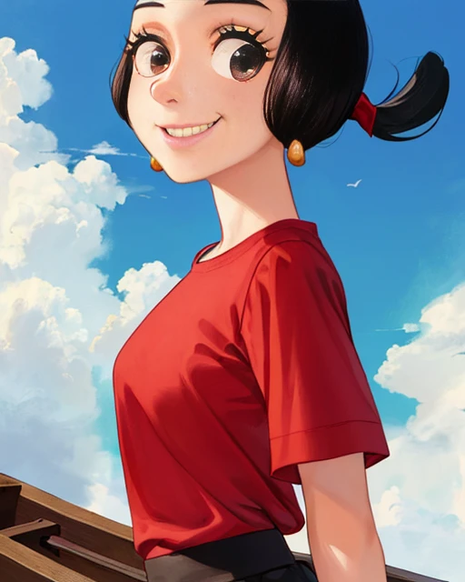 OliveOyl, short black hair with ponytail, black eyes, solo, upper body close up, smiling, arms down,
OliDre,red shirt , black long skirt, brown footwear, small earrings,
waterboat, cartoon environment, sunny, clouds,
(insanely detailed, beautiful detailed face, masterpiece, best quality) <lora:OliveOyl:0.7>