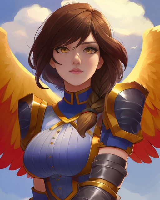 Furia,yellow eyes,multicolored hair,brown hair,braid,feathered wings on upper back, floating, upper body,
clouds, morning, sunny,
(insanely detailed, beautiful detailed face, masterpiece, best quality) <lora:Furia:0.7>