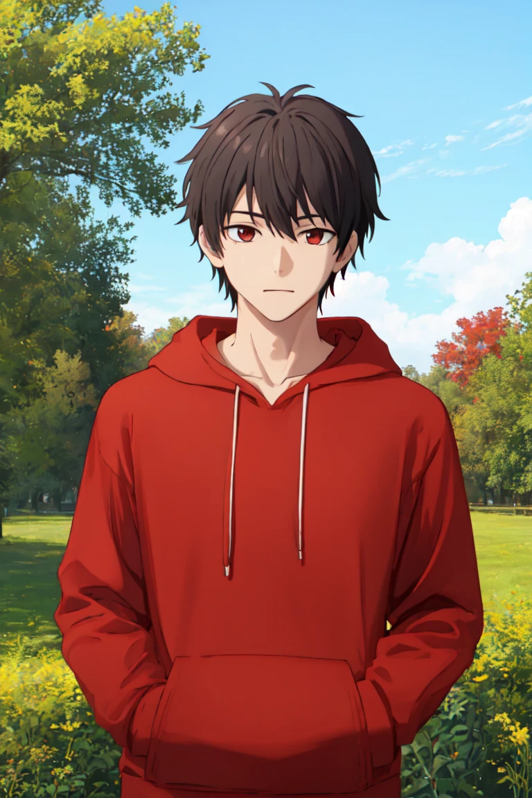 1boy , outdoors,upper body,red hoodie,piec