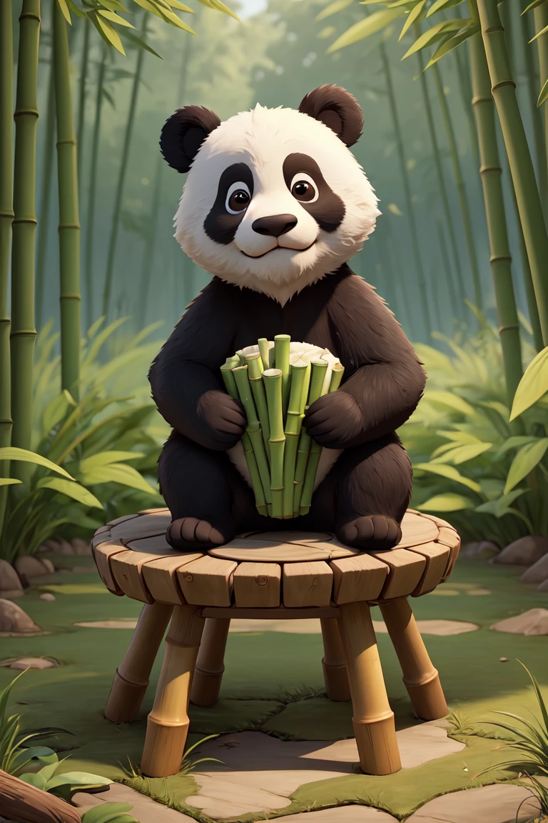 no humans,(best quality, masterpiece), panda, holding bamboo, sitting, solo, full body, (animal focus:1.1), looking at viewer,bamboo forest background, game scene mood map,Unreal Engine, cartoon rendering,