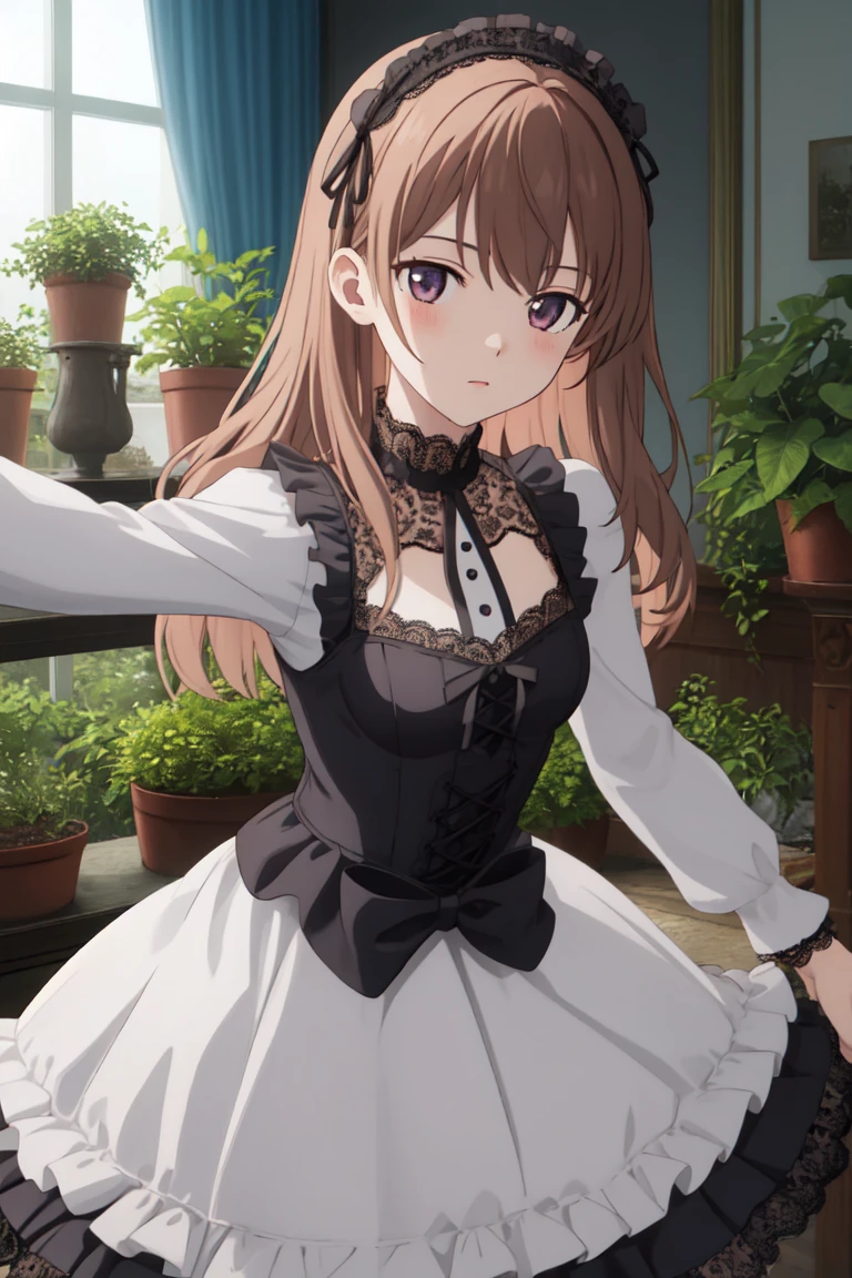 1girl,frill gothic ****ta, dress, (lace:1.4),dynamic pose,(face close up:0.9),indoors,plants,