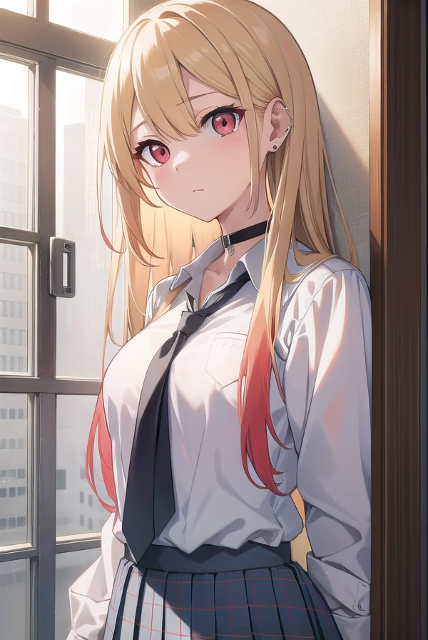 marinkitagawa, <lora:marinkitagawatest:1>, marin kitagawa, blonde hair, choker, ear piercing, earrings, long hair, piercing, (red eyes:1.5), straight hair, swept bangs,
BREAK black necktie, long sleeves, pleated skirt, school uniform, shirt, skirt, sleeves rolled up, white shirt,
BREAK indoors, classroom,
BREAK looking at viewer, BREAK <lora:GoodHands-vanilla:1>, (masterpiece:1.2), best quality, high resolution, unity 8k wallpaper, (illustration:0.8), (beautiful detailed eyes:1.6), extremely detailed face, perfect lighting, extremely detailed CG, (perfect hands, perfect anatomy),