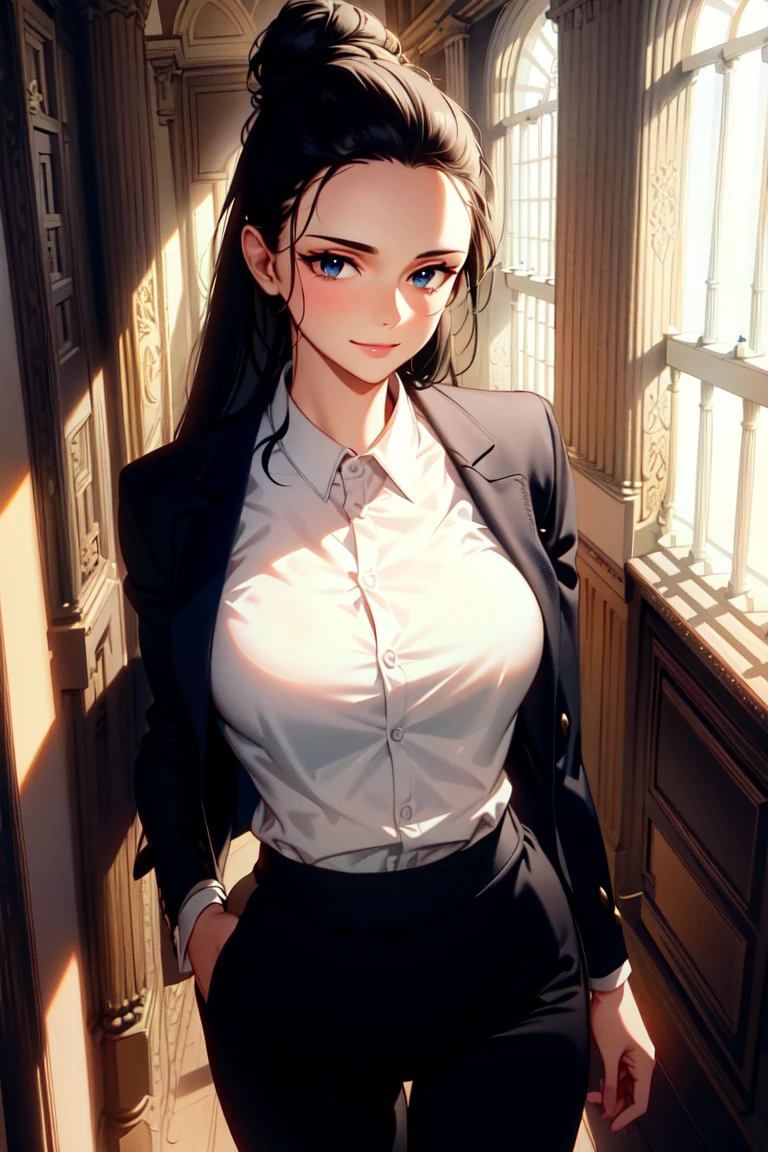 masterpiece, ((ultra detailed background, delicate pattern, intricate detail)), (highly detailed, fine details), best quality, beautiful lighting,((medium breasts, slim girl)), (white shirt, formal shirt, black pants, formal clothing), hair in a bun, NicoRobinV2, 1girl, black hair, long hair, solo, smile, blue eyes, closed mouth, hair slicked back, (complex detailed background, inside, hallway environment, classy interior, window, daytime), (portrait),  <lora:NicoRobinV3Eight:0.75>