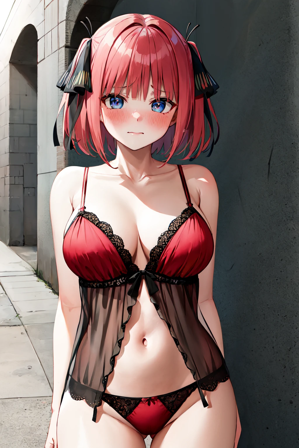 masterpiece, best quality, highres, 1girl,  <lora:open_negligee_v1:1>, red negligee, red panties, thong, navel, collarbone, street, nn1, 1girl, hair ribbon, short hair, large breasts, <lora:nakano_nino_v10:0.7>, frown, embarrassed, (blush:1.2)