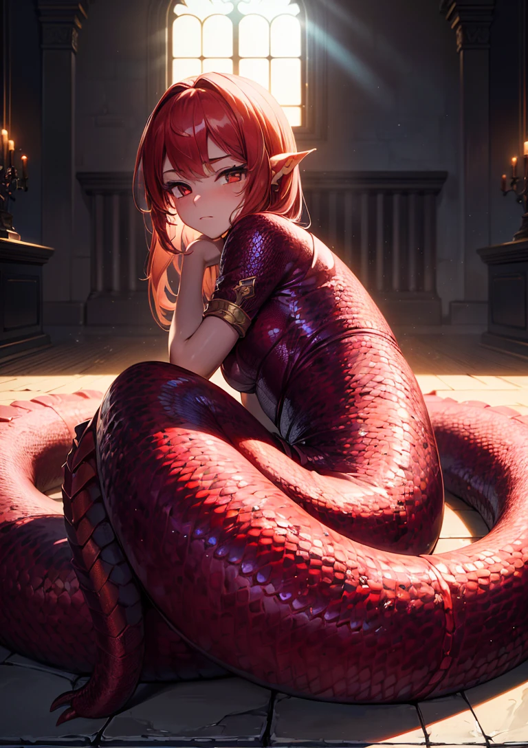 analog style, model shoot style, (full body:1.3) illustration of (red lamia girl:1.4, 1girl:1.5), ((monster girl:1.7, scales, fantasy:1.5, semi-human:1.5)), 
((cute face: 1.7, perfect face:1.3)), best quality, epic (pores:1.5, colors, hyperdetailed:1.5, film grain:1.4), 
octane render, masterpiece, unreal engine 5, Extremely detailed CG unity 8k wallpaper, Madly detailed illustration, (ecstasy of light and shadow, deep shadow) <lora:add_detail:0.5>