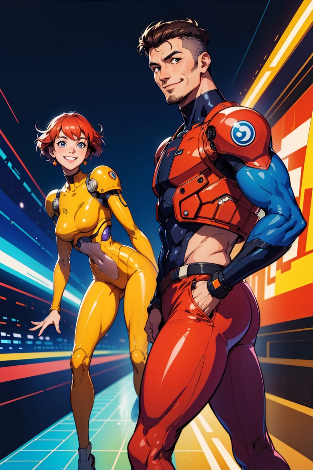 (masterpiece,best quality,absurdres,lineart:1),original design,40yo man,smile,utopic society,retrofuturism,blurry background