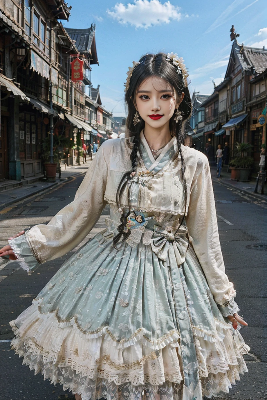 realistic, photorealistic, masterpiece, best quality, 1girl, solo, smile, looking at viewer, long black hair, cowboy shot, cns_dress, pettiskirt, standing, (china jiangnan water town style:1.1), beautiful sky, netural lighting,<lora:Cute Asian Face:0.65> , <lora:cns_dress_style2_v2:0.7>