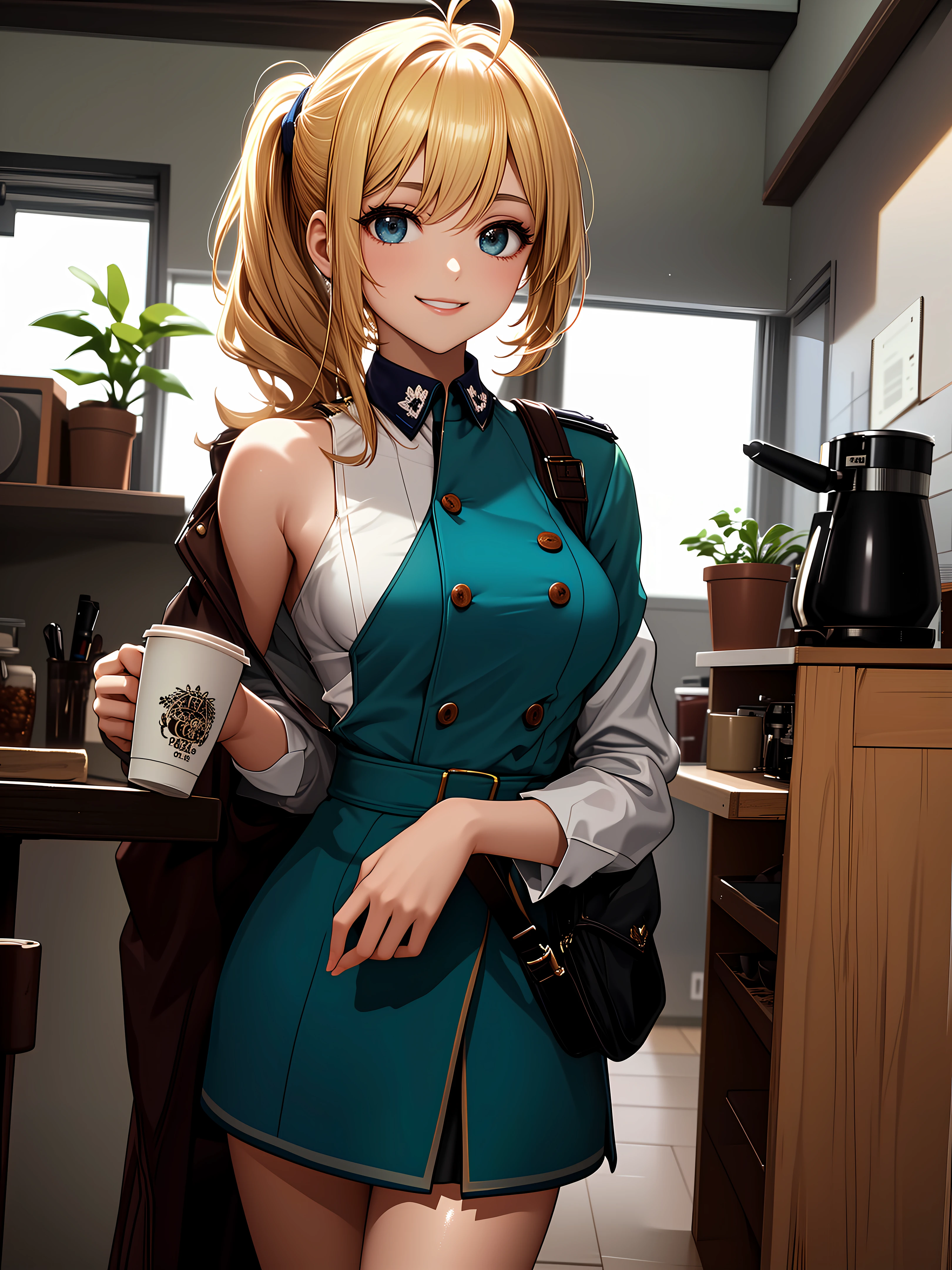 (anime,8k,masterpiece, top quality, best quality,beautiful and aesthetic:1.2,professional illustrasion:1.1,ultra detail:1.3,perfect  lighting),extremely detailed,highest detailed,incredibly absurdres , highres, ultra detailed,intricate:1.6,(A girl making coffee,Morning breeze is pleasant.,The papers are peaceful today.),zentangle,BREAk
(1girl),(young girl),(WW2,green military costume,combat uniform,major),beautiful face and eyes,Beautiful hair, floating hair,shoulder length hair,(blonde hair),bobbed hair,pony tail,antenna hair, shiny skin,pretty,small stature,(small breast),7 years old,smile