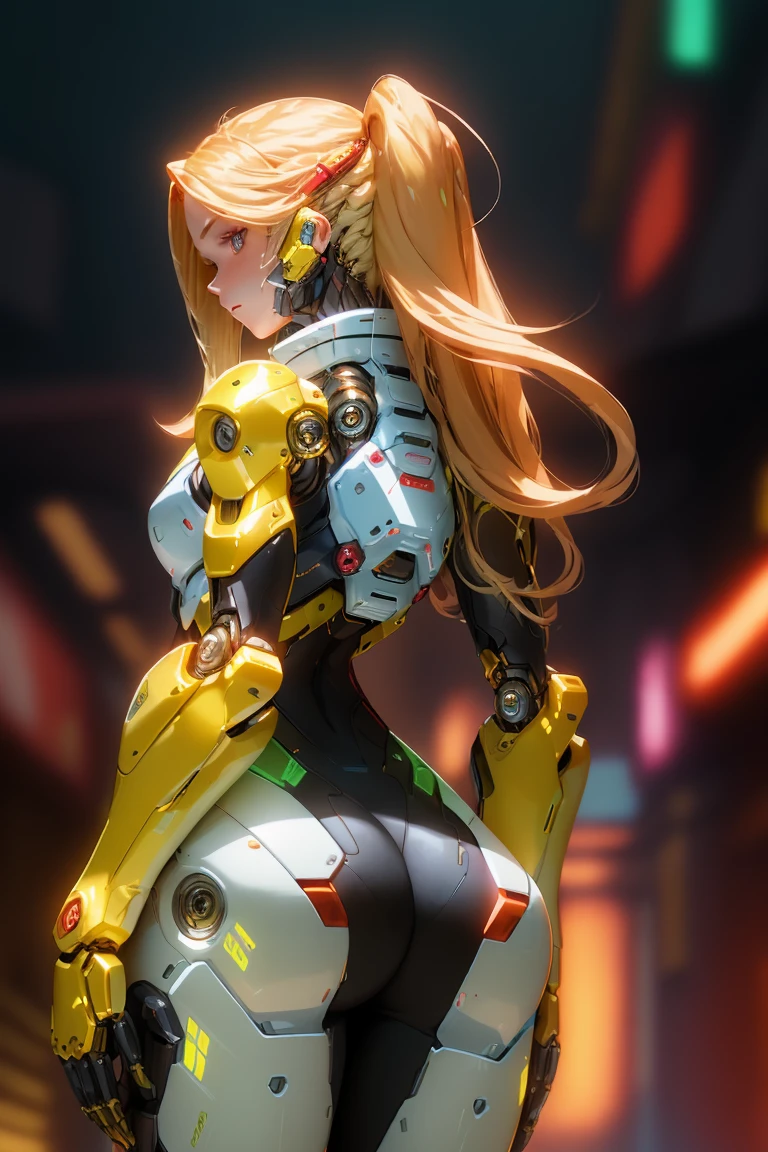 best quality, 1girl, android, cybersuit, upper armor, mechanical arms, long hair, blonde hair, standing, red background, looking at viewer, from behind, simple background, contrapposto <lora:nijiarmor:1>