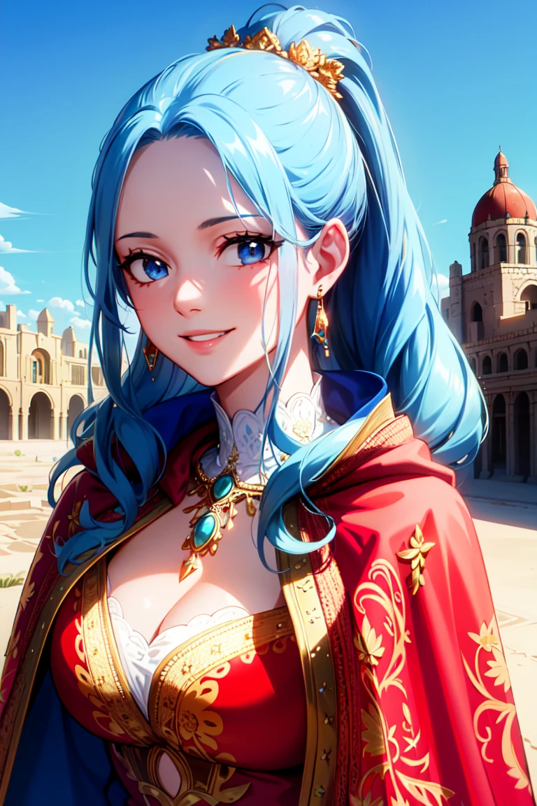 masterpiece, ((ultra detailed background, delicate pattern, intricate detail)), (highly detailed, fine details), best quality, beautiful lighting, (portrait), NefertariViviV3, 1girl, long hair, blue hair, solo, jewelry, earrings, ((red cape, white dress, simple dress)), ponytail, hair ornament, necklace, sky, blue eyes, complex detailed background, outside, sunny, desert town environment, buildings, town, market, hair lift, hands behind back, smile,  <lora:NefertariViviV3Nine:0.5>