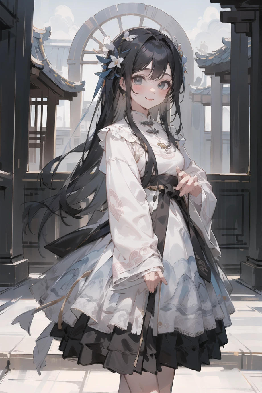 masterpiece, best quality, 1girl, solo, cute, smile, looking at viewer, long black hair, cowboy shot, cns_dress, pettiskirt, standing, (ancient chinese building:1.1), beautiful sky, netural lighting, <lora:cns_dress_style3_v2:0.7>