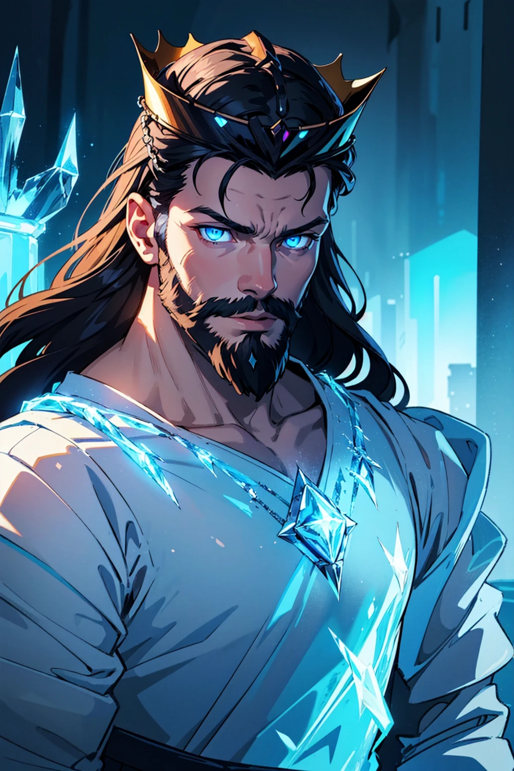 (masterpiece,best quality,absurdres,lineart:1),original design,accessories,portrait,1boy,(icy:1.4),king,(decorated:1.5),(glowing:1.4),blue eyes,white clothing,black hair,dramatic lighting,beard,40yo,(crown:1.2),in a castle