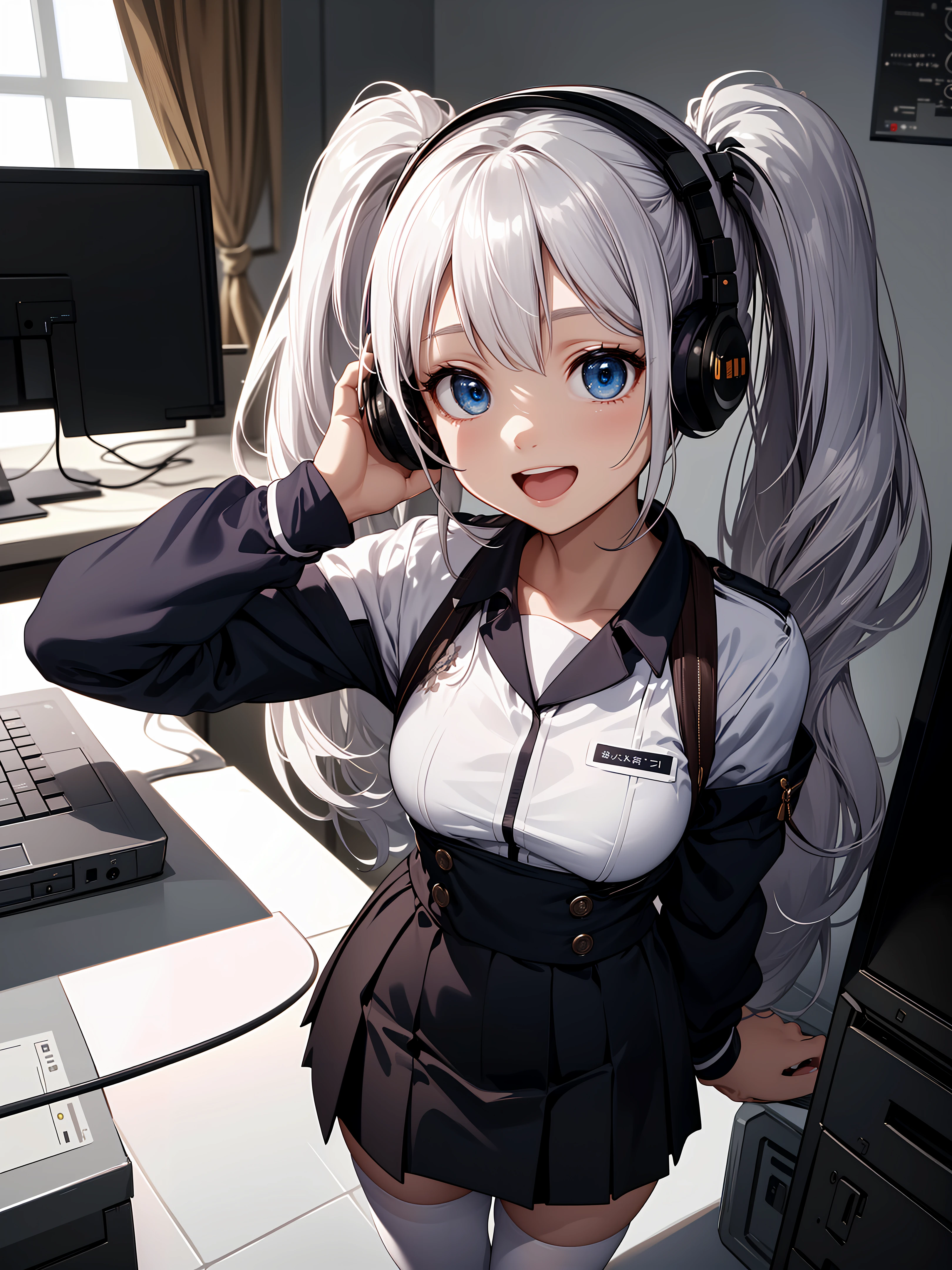 (masterpiece, top quality, best quality,beautiful,ultra detail:1.3,perfect lighting,beautiful eyes),(extremely detailed,highest detailed, absurdres , highres,intricate),A girl talking to a screen while wearing headphones in front of a computer,She's laughing and talking with a happy face.,(young girl,hoshino ruri),(white,military costume,tight skirt),(highly detailed beautiful face and eyes,silver hair:1.5,twin tail:1.1,floating hair),(white tights up to the thighs),small stature,small breasts:1.5,shiny skin,cute,10 years old