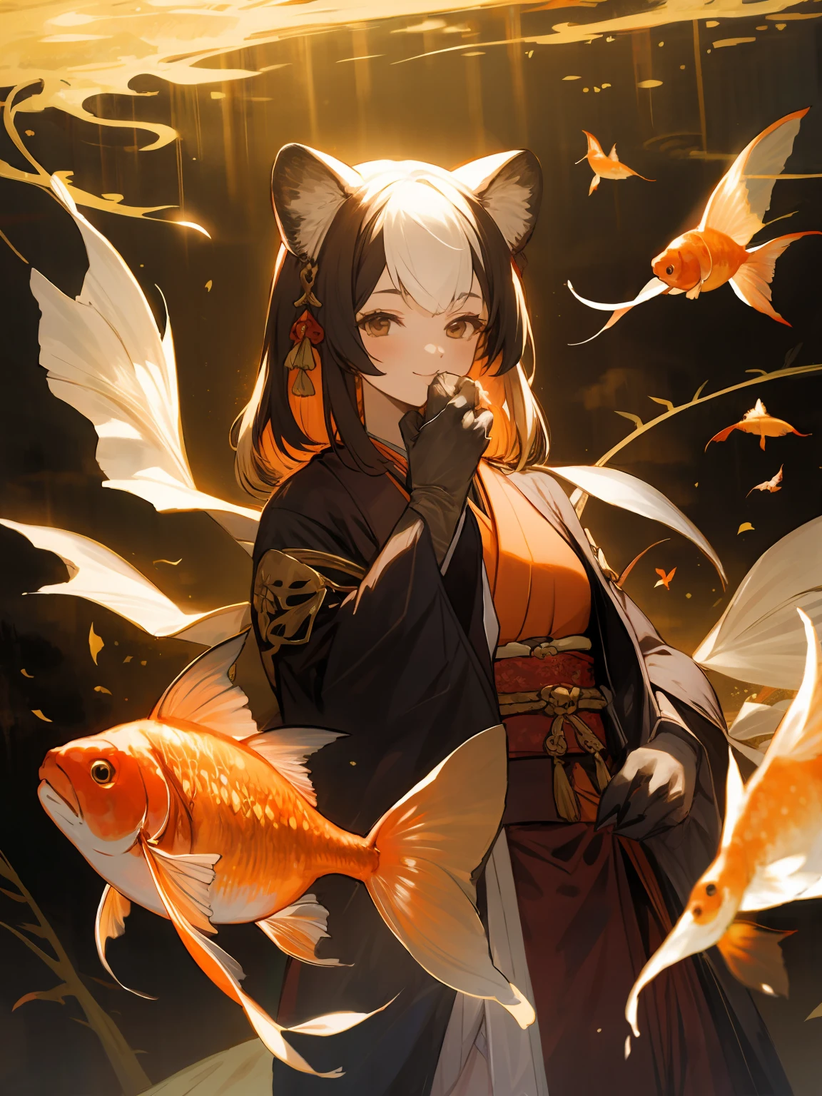 masterpiece,best quality,highres,cinematic lighting,dramatic angle,1girl,<lora:ShadowverseHozumi:0.8> ,1girl,animal ears,japanese clothes,black open jacket,obi,smile,hand on own cheek,looking at viewer,brown eyes,bamboos,goldfish,dynatic pose,cowboy shot,KIND,gold-trimmed,magic,multicolored hair,(black hair:white hair:0.86),frills,claws,elbow gloves,(open mouth:0.43),magic,feast,foods