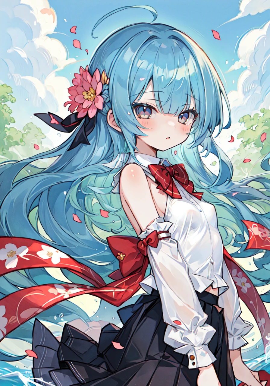 masterpiece, best quality, ultra-detailed, illustration, 1 girl, solo, an extremely delicate and beautiful, ***********, beautiful detailed sky, beautiful detailed eyes, side blunt bangs, hairs between eyes, ribbons, bowties, bare shoulders, small breasts, blank stare, pleated skirt, close to viewer, breeze, Flying splashes, Flying petals, wind, forest, epic clouds, (fine fabric emphasis:1.4),(watercolor:0.6), black eyes, blue hair,  <lora:realistic:-0.7>