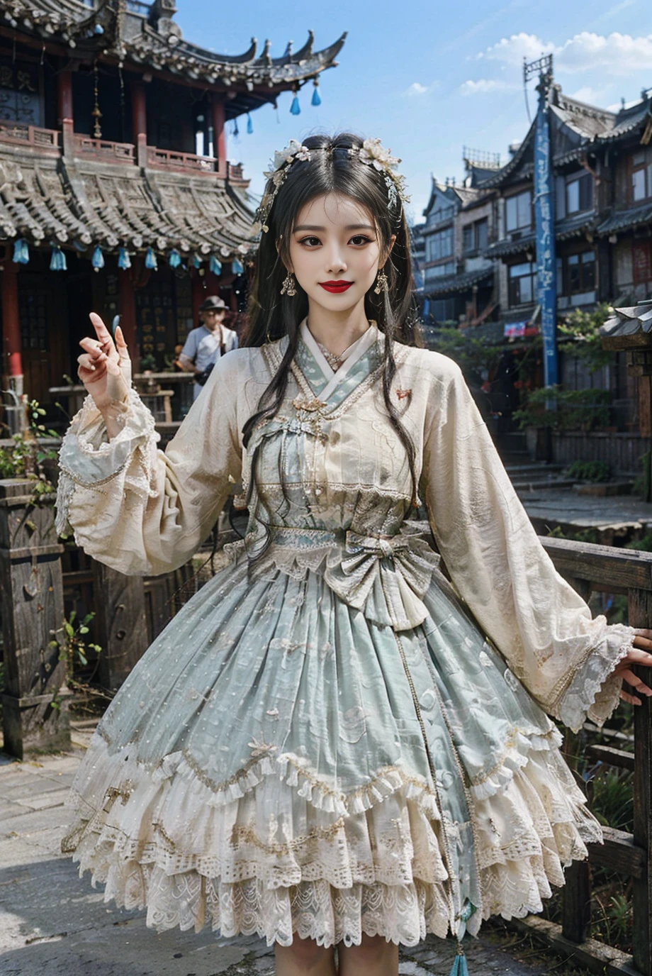 realistic, photorealistic, masterpiece, best quality, 1girl, solo, smile, looking at viewer, long black hair, cowboy shot, cns_dress, pettiskirt, standing, (china jiangnan water town style:1.1), beautiful sky, netural lighting,<lora:Cute Asian Face:0.65> , <lora:cns_dress_style2_v2:0.7>