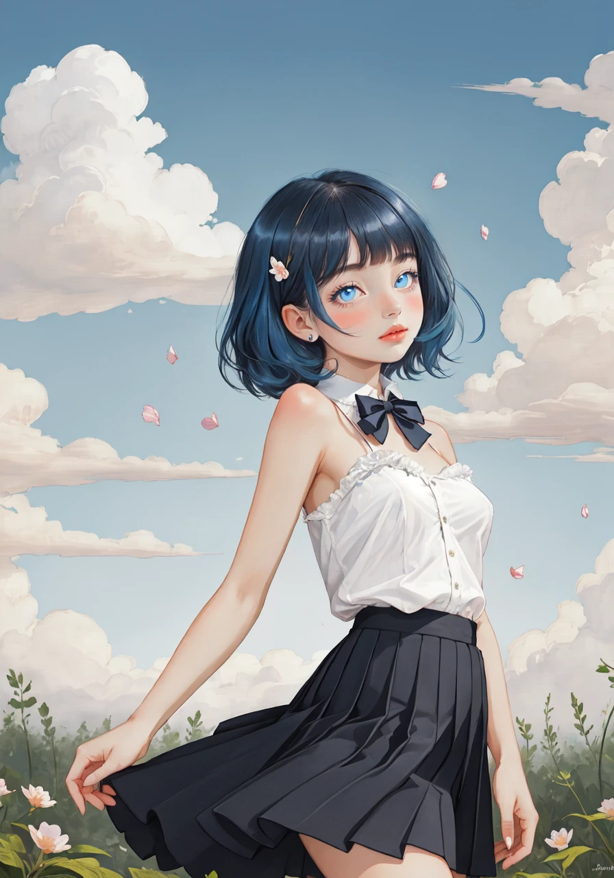 masterpiece, best quality, ultra-detailed, illustration, 1 girl, solo, an extremely delicate and beautiful, little girl, beautiful detailed sky, beautiful detailed eyes, side blunt bangs, hairs between eyes, ribbons, bowties, bare shoulders, small breasts, blank stare, pleated skirt, close to viewer, breeze, Flying splashes, Flying petals, wind, forest, epic clouds, (fine fabric emphasis:1.4),(watercolor:0.6), black eyes, blue hair, <lora:realistic:0.7>